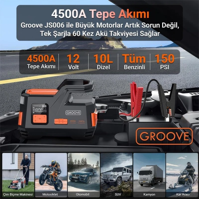 GROOVE Akü Takviye Cihazı ve Hava Kompresörü 29200mAh 4500A Akü (Kompresör+Powerbank+Led Lamba)