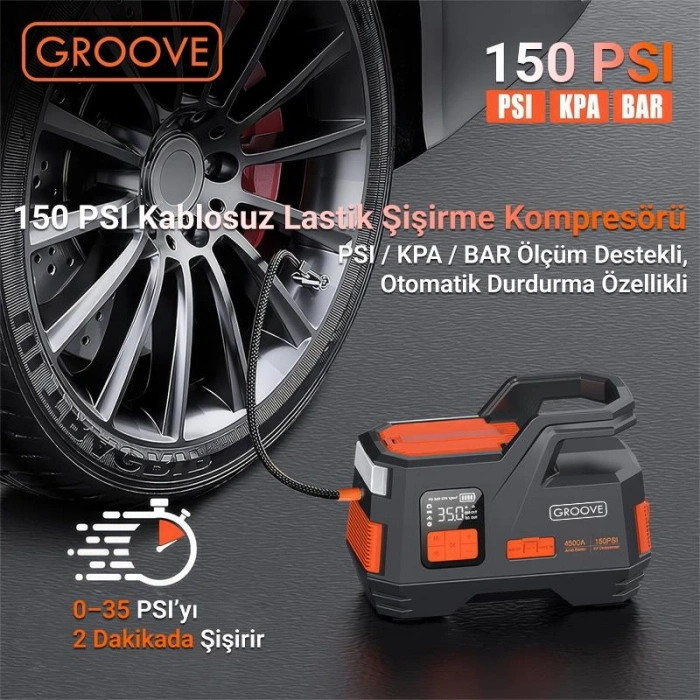 GROOVE Akü Takviye Cihazı ve Hava Kompresörü 29200mAh 4500A Akü (Kompresör+Powerbank+Led Lamba)