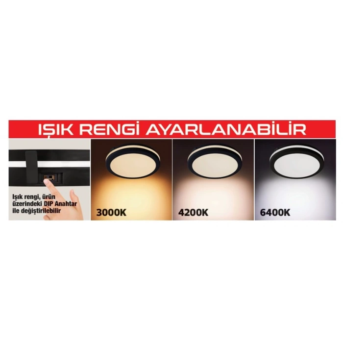 HOROZ Scarlett-30 3 CCT Siyah 30w 3 Renk Işık Yuvarlak Sıva Üstü Led Glop 6400k-4200k-3000k BEYAZ-GÜNIŞIĞI-Açık GÜNIŞIĞI Işık 2700lm 30 Watt 220 Volt IP54 S. Ü. (Su ve Toz Geçirmez)