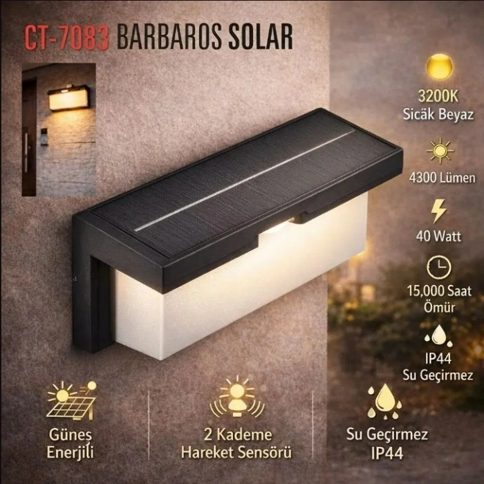 CATA Barbaros 40w Solar Aplik Günışığı Dış Mekan 3200k 40 Watt IP44 (Güneş Enerjili Duvar Aplik Armatür)