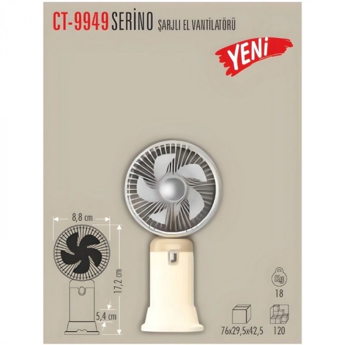 CATA Şarjlı Taşınabilir El Vantilatör 3 Kademe Hız Ayarı El Fanı 2 Watt IP-20 (Hand Fan USB / TYPE-C Şarj Girişli 9x17cm)