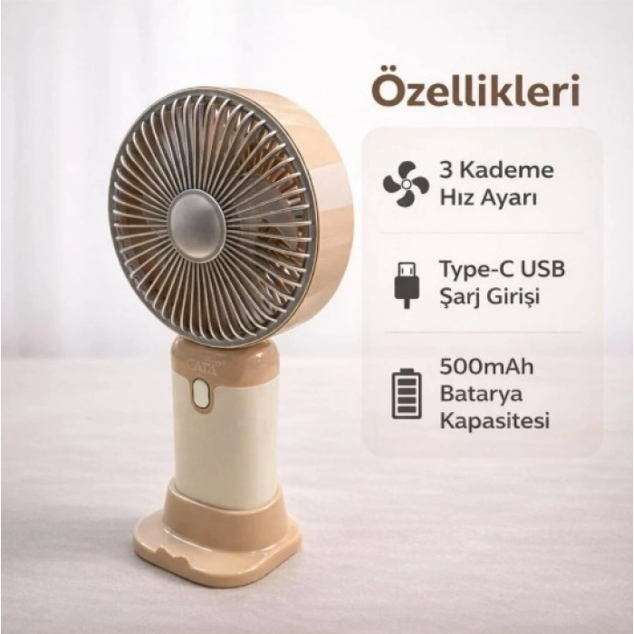 CATA Şarjlı Taşınabilir El Vantilatör 3 Kademe Hız Ayarı El Fanı 2 Watt IP-20 (Hand Fan USB / TYPE-C Şarj Girişli 9x17cm)