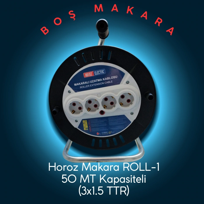 HOROZ Roll-1 Plastik Boş Kablo Makarası Monofaze 4 Prizli 50mt Kapasiteli (3x1.5 TTR) IP20