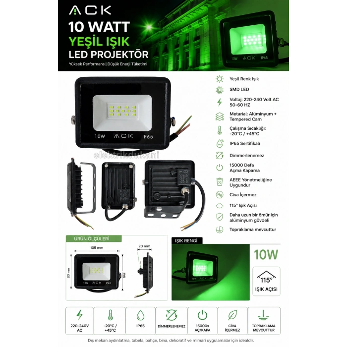 ACK 10w YEŞİL Led Projektör DOB SMD IP65 900lm (10 Watt 220 Volt)