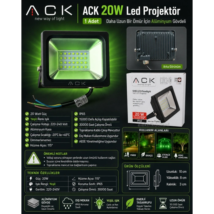 ACK 20w YEŞİL Led Projektör DOB SMD IP65 1800lm (20 Watt 220 Volt)