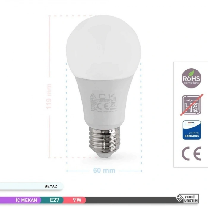 ACK 12v-24v-48v Ac / Dc E-27 Led Ampul 9W 6500k Beyaz 900lm