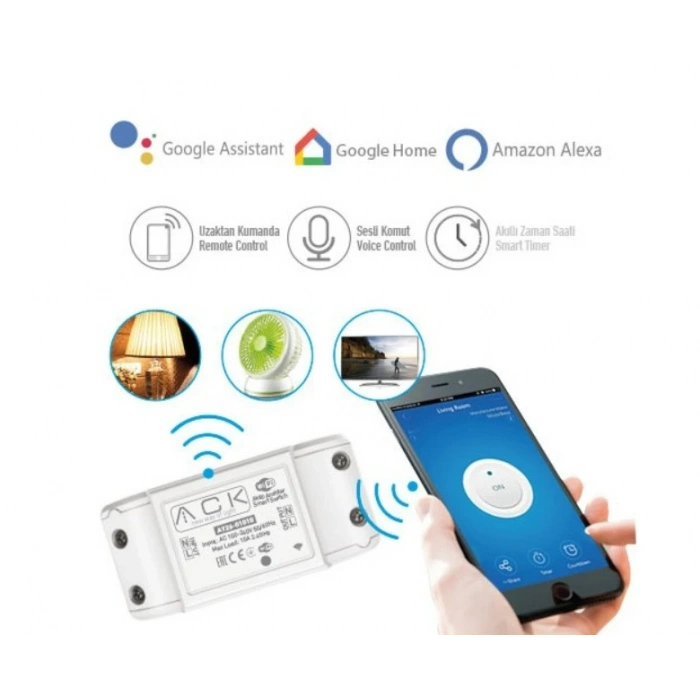 ACK WiFi Röle Akıllı Anahtar Switch Wi-Fi ile Uzaktan Smart Kontrol 90-230v 10A IP20