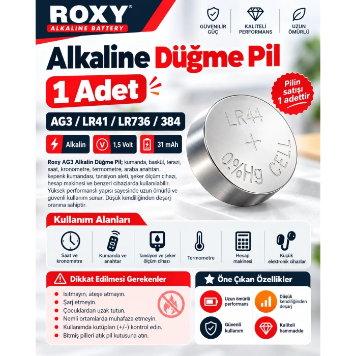 Alkaline Düğme Pil LR-41 AG3 LR41 1.5v (Saat - Oyuncak - Ateş Ölçer Pili 1 Adet Fiyatıdır)