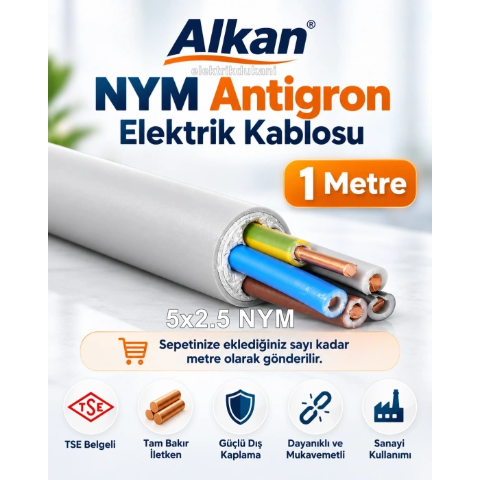 ALKAN 5x2.5mm NYM Elektrik Kablosu Gri (NVV Bakır Beşli Antigron Tek Damar Tesisat Kablosu)