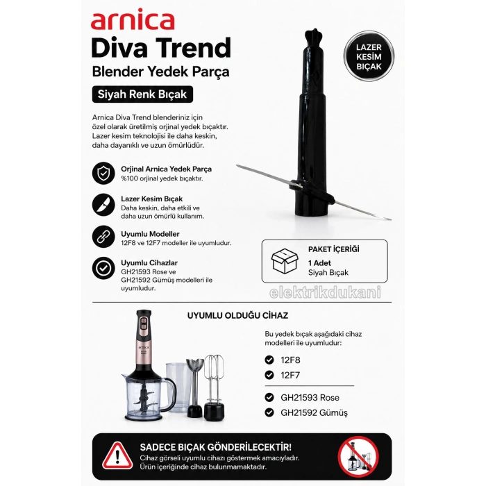 ARNİCA Diva Trend Siyah Kesici Bıçak Grubu Hazne Parçalayıcı Bıçağı (Orjinal Yedek Parça)