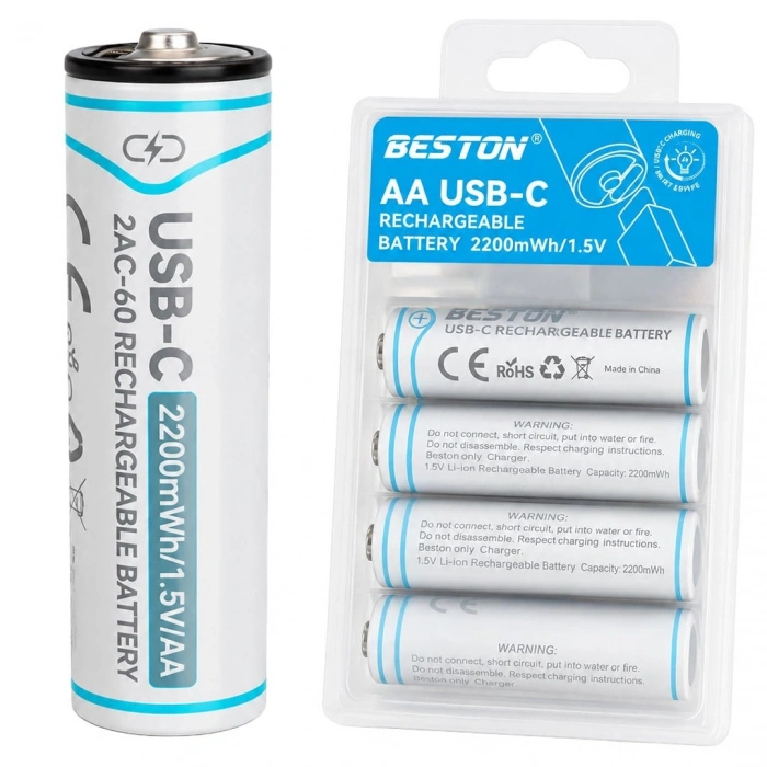 BESTON 2200mAh 1.5 Volt Şarjlı Kalem Pil AA 4lü Pk. Type-C Soketli Kablo İle Şarj Edilebilir