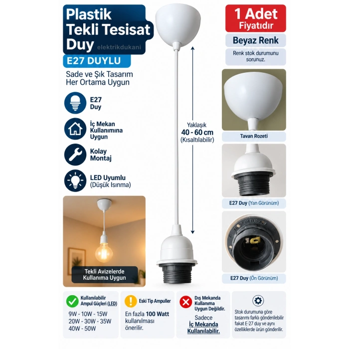 BEYAZ Plastik Hazır Takım Tekli Tesisat E-27 Duylu Kablo