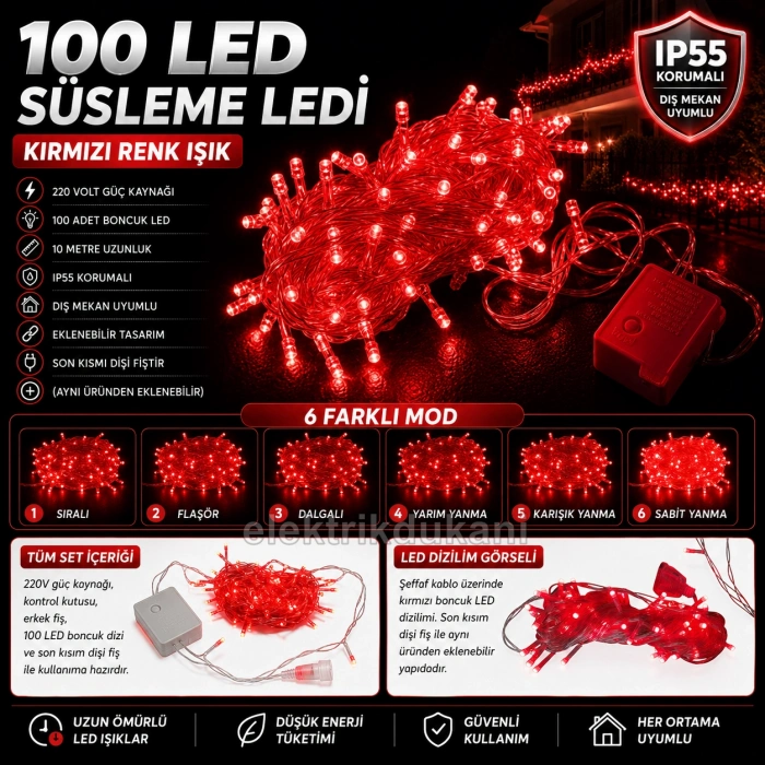 BONCUK İp 220v Süsleme Ledi 6 Modlu KIRMIZI 10mt Dış Mekan 100lü Süsleme Ledi IP55 Şeffaf Kablo