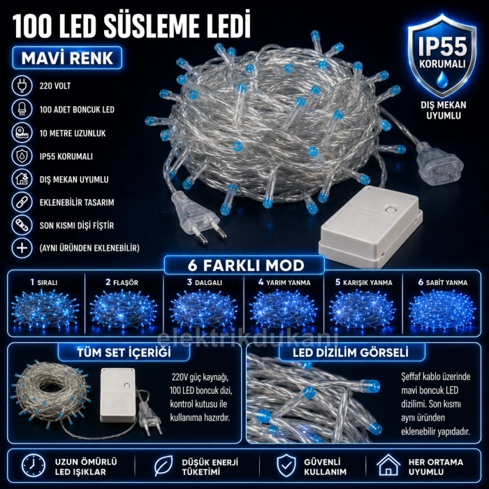 BONCUK İp 220v Süsleme Ledi 6 Modlu MAVİ 10mt Dış Mekan 100lü Süsleme Ledi IP55 Şeffaf Kablo
