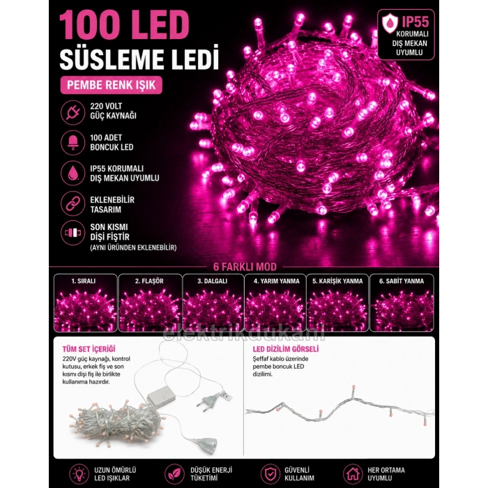 BONCUK İp 220v Süsleme Ledi 6 Modlu PEMBE 10mt Dış Mekan 100lü Süsleme Ledi IP55 Şeffaf Kablo
