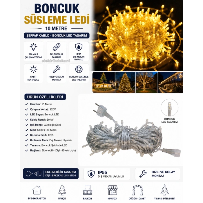BONCUK İp 220v Süsleme Ledi Sabit Modlu SARI Işık 10mt Dış Mekan 100lü Süsleme Ledi IP55 Şeffaf Kablo (Günışığı)