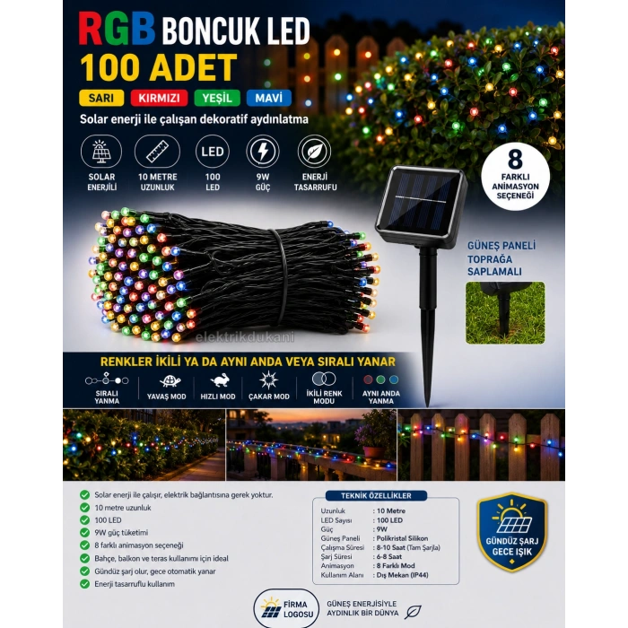 Boncuk İp Solar Güneş Enerjili RGB 10mt Dış Mekan 100lü Süsleme Ledli IP65 Siyah (8 Yanma Modu Karışık Renkli)