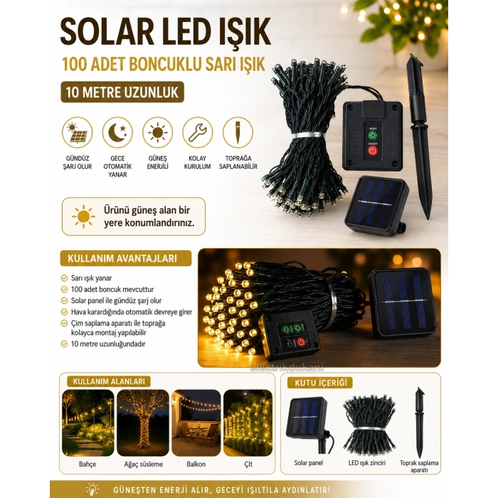 Boncuk İp Solar Güneş Enerjili SARI Işık 3500k 10mt Dış Mekan 100lü Süsleme Ledli IP65 (8 Yanma Modu GünIşığı )