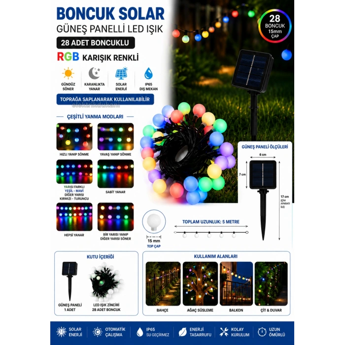 BONCUK Solar Güneş Enerjili RGB 5mt Dış Mekan 28li Süsleme Ledli IP65