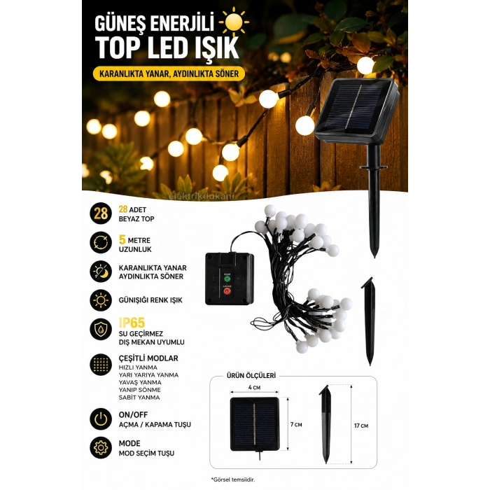 BONCUK Solar Güneş Enerjili SARI Işık 3500k 5mt Dış Mekan 28li Süsleme Ledli IP65 (3500k Günışığı )
