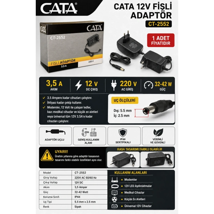 CATA 12v 3.5A Fişli Adaptör Plastik Kasa 32-42w IP44 5.5x2.5mm Jaklı
