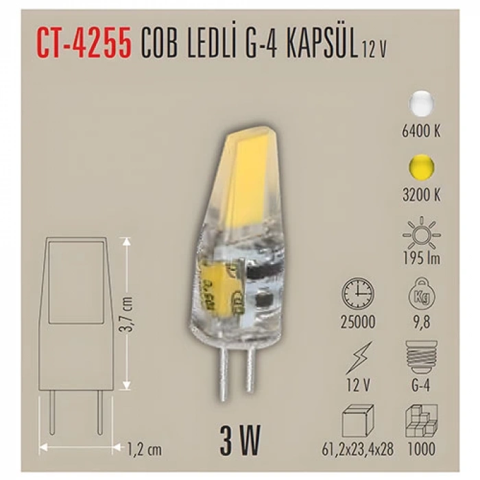 CATA 12v 3w Cop Ledli Kapsül Ampul G4 Duylu 3200K Günışığı (30w Işık Verir)