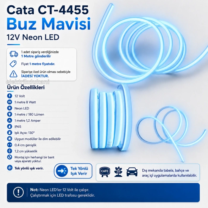 CATA 12v BUZ MAVİSİ Neon Led Hortum Buz IP64 12 Volt (1mt Fiyatı) Pk. 50Mt