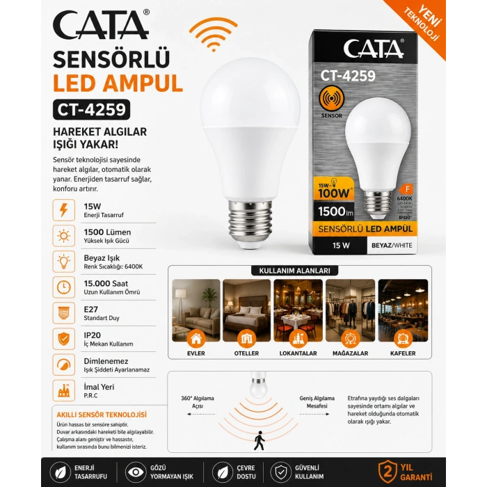 CATA 15w E-27 Radar Sensörlü Led Ampul BEYAZ Işık 6400k 1500lm 220 Volt