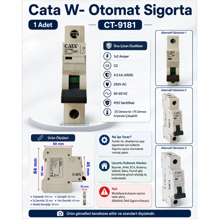 CATA 1x2A C 4.5kA W-Otomat Sigorta Monofaze Tek Fazlı W Otomat Sigorta ( 2 Amper Kombi Sigortası)