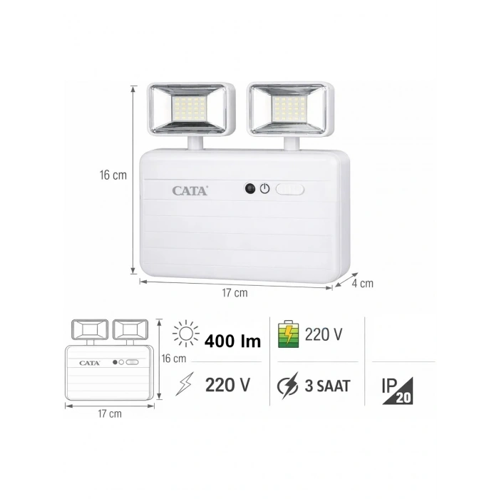 CATA 2x5 Watt Nil Acil Aydınlatma Şarjlı Armatür Işıldak 2 Kademe 6400k 220 Volt IP20