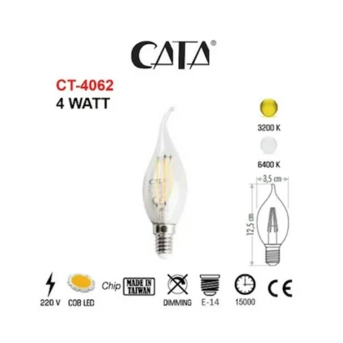 CATA 4w E-14 Rustik Günışığı Kıvrık Alev Modelli Led Buji Ampul 3000k