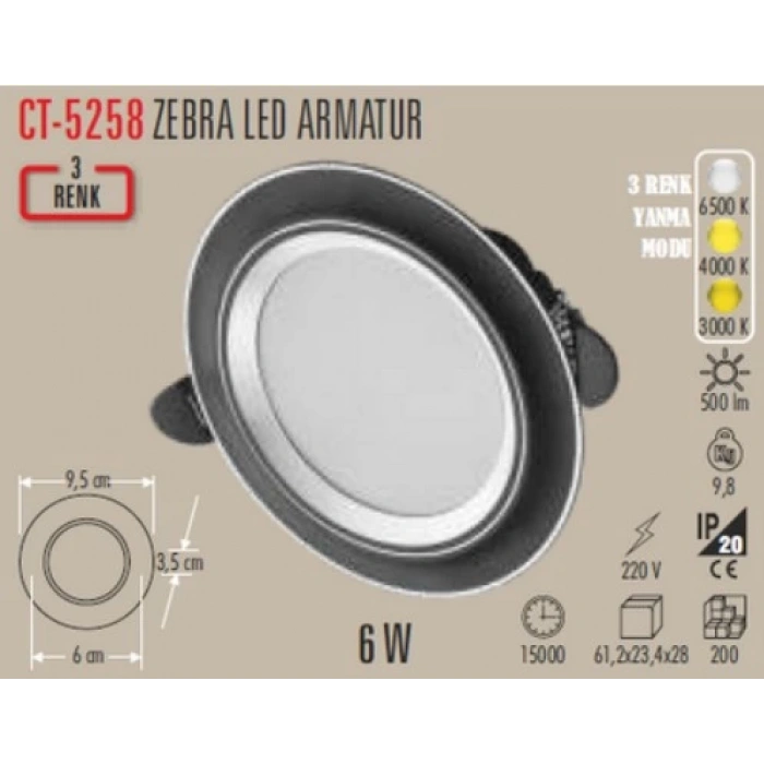 CATA 6W Zebra Siyah-Krom 3 Renk Led Spot S. A. 6400+4000+3200K Sıva Altı