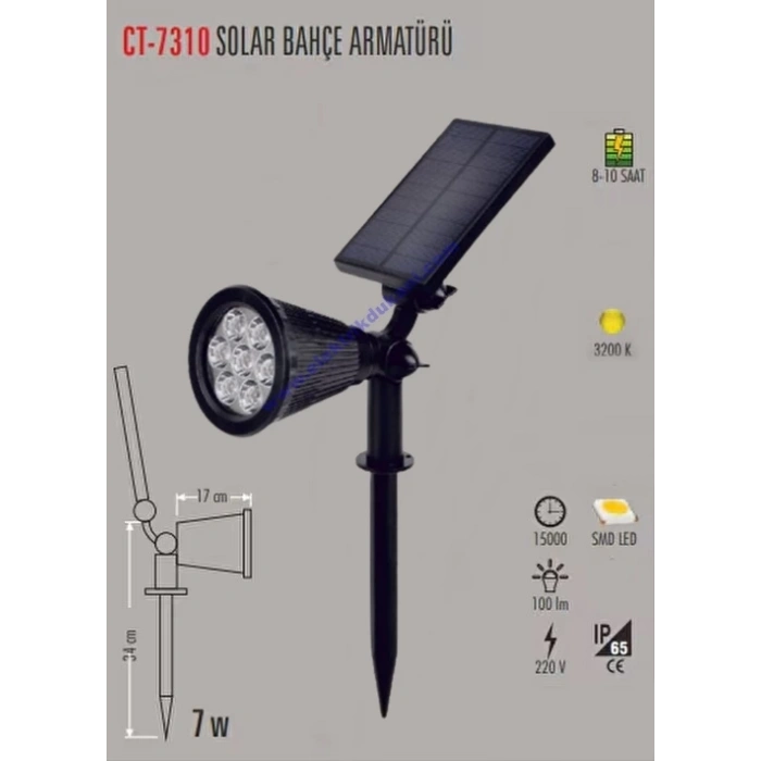 CATA 7W GÜNIŞIĞI Solar Bahçe Armatürü Çim Kazıklı (Güneş Enerji Şarjlı)