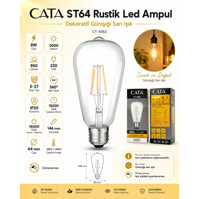 CATA 8W RUSTİK LED AMPUL GÜNIŞIĞI ARMUT