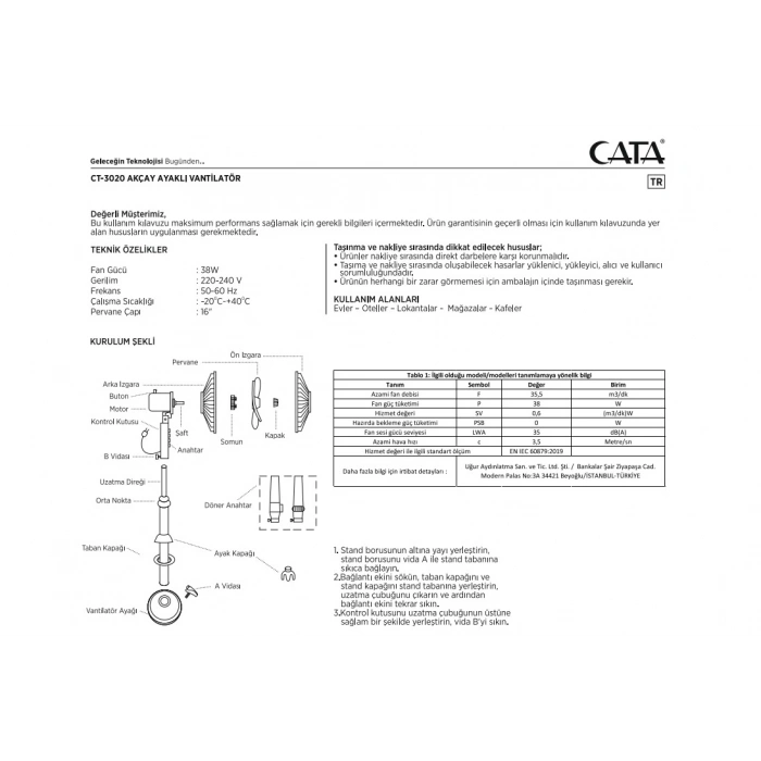 CATA Akçay 16 Ayaklı Vantilatörü 38w 3 Kademeli Hız ayarı