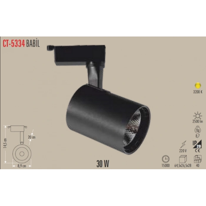 CATA 30w BABİL Günışığı Led Ray Spot Armatür Siyah Kasa 3200K (Plastik Kasa)