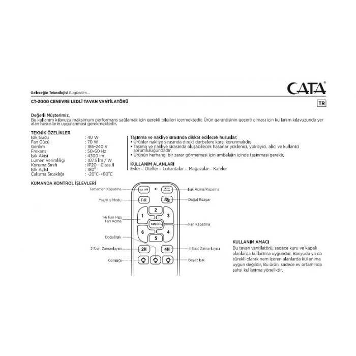 CATA Cenevre Ledli Tavan Vantilatörü 40w Aydınlatma Kumandalı Dekoratif 3 Kanat