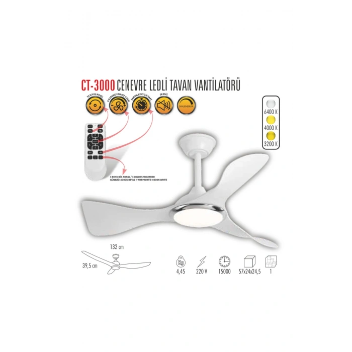 CATA Cenevre Ledli Tavan Vantilatörü 40w Aydınlatma Kumandalı Dekoratif 3 Kanat