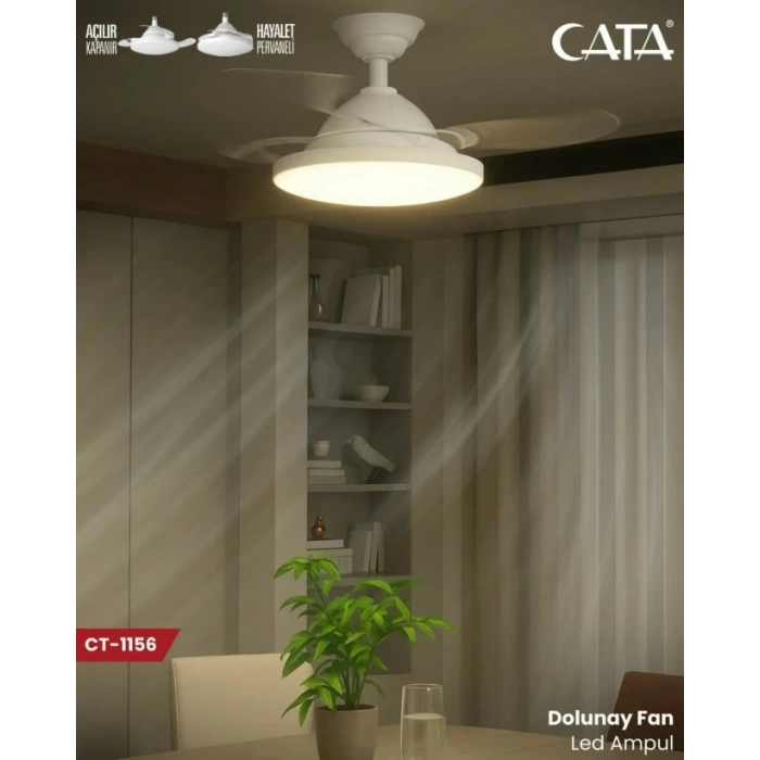 CATA Dolunay Fan Gizli Açılır Hayalet Pervaneli 72w Ledli E-27 Duy a Takılabilen 3 Kanatlı Kumandalı Tavan Vantilatörü