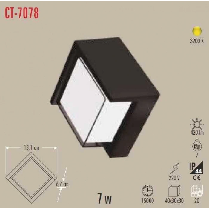 CATA Bora Dörtgen Led Bahçe 7w Duvar Aplik 3200K Günışığı Dış Mekan