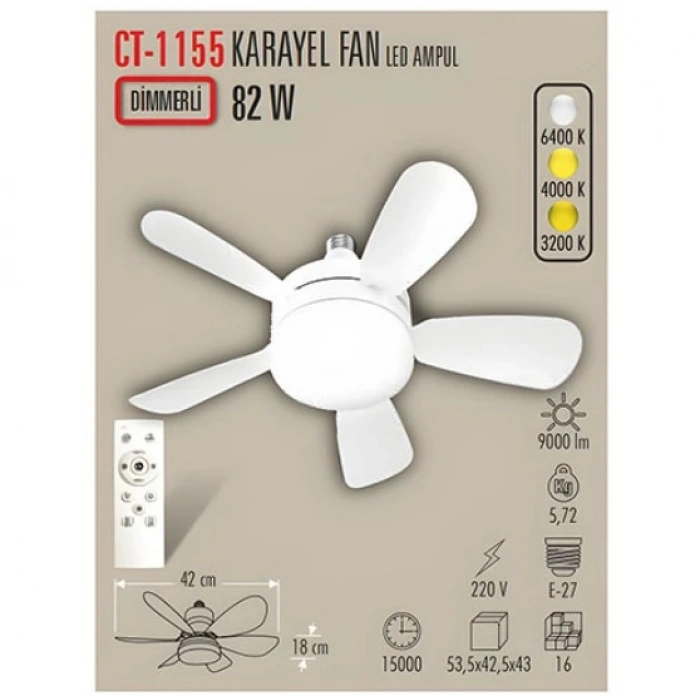 CATA Karayel Fan 82w Ledli E-27 Duy a Takılabilen 5 Kanatlı Kumandalı Tavan Vantilatörü