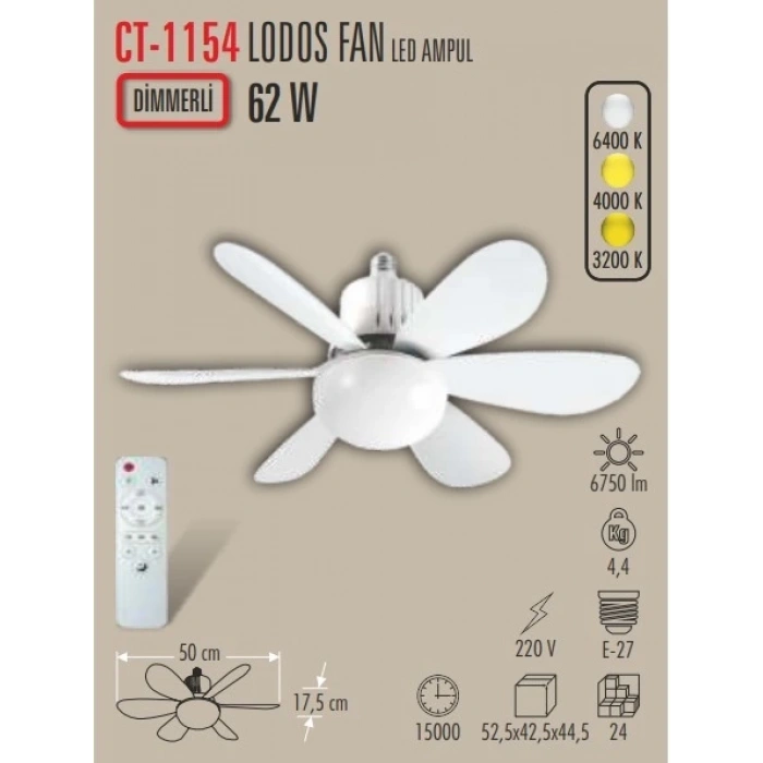 CATA Lodos Fan 62w Ledli E-27 Duy a Takılabilen 6 Kanatlı Kumandalı Tavan Vantilatörü