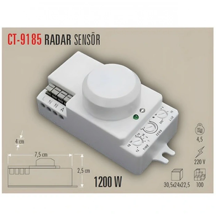 CATA Radar Hareket Sensörü 1200w (RF Sensör Tipi) Açı 360 Derece Işık Süre ve Mesafe Ayarlı Sensör