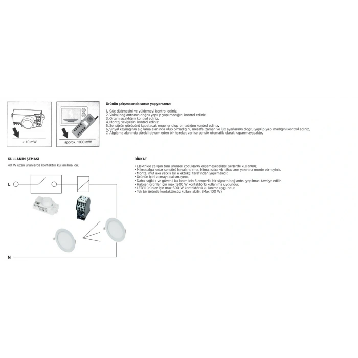 CATA Radar Hareket Sensörü 1200w (RF Sensör Tipi) Açı 360 Derece Işık Süre ve Mesafe Ayarlı Sensör