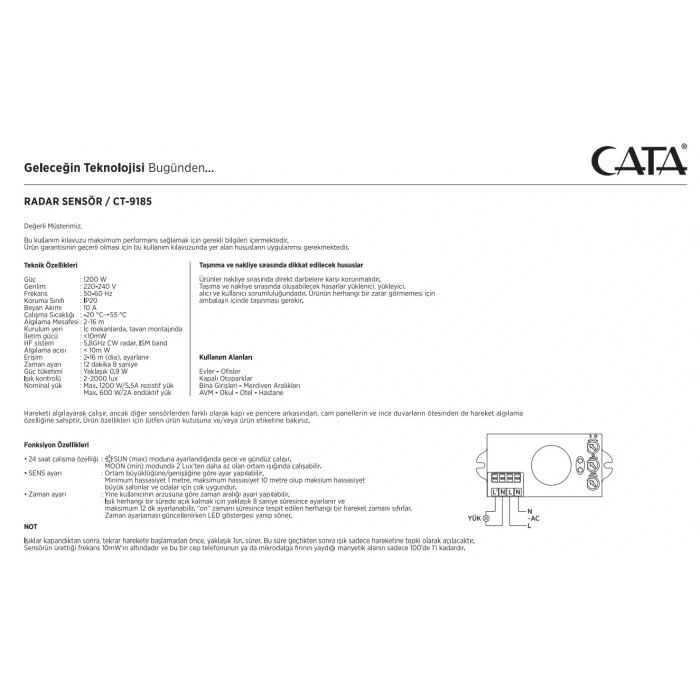 CATA Radar Hareket Sensörü 1200w (RF Sensör Tipi) Açı 360 Derece Işık Süre ve Mesafe Ayarlı Sensör