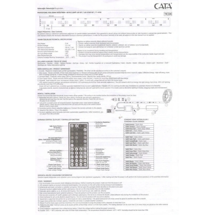 CATA RGB Şerit Led Seti İç Mekan Üç Çip 5Mt Profesyonel 220v