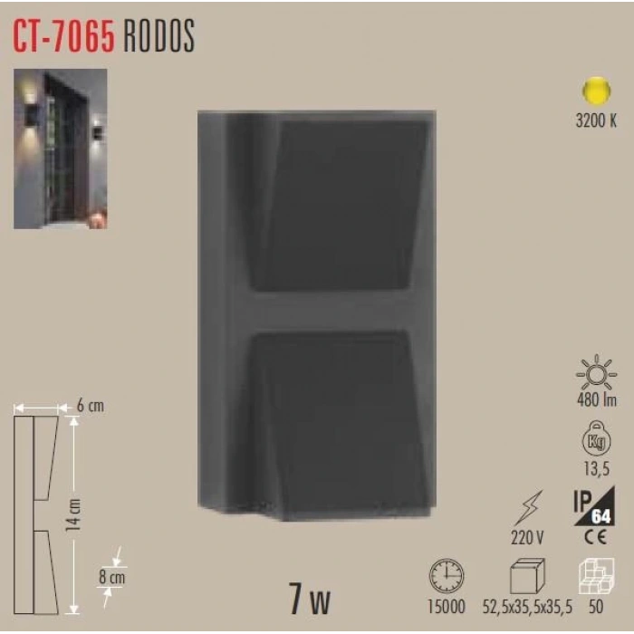 CATA RODOS LED BAHÇE 7W DUVAR APLİK 3200K GÜNIŞIĞI ÇİFT TARAFLI