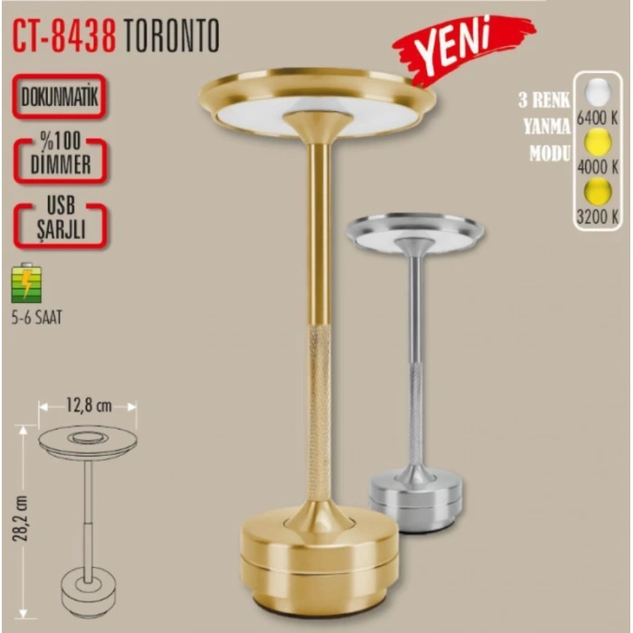 CATA Şarjlı Ledli TORONTO Masa Lambası KROM 3 Renk Işık Abajur