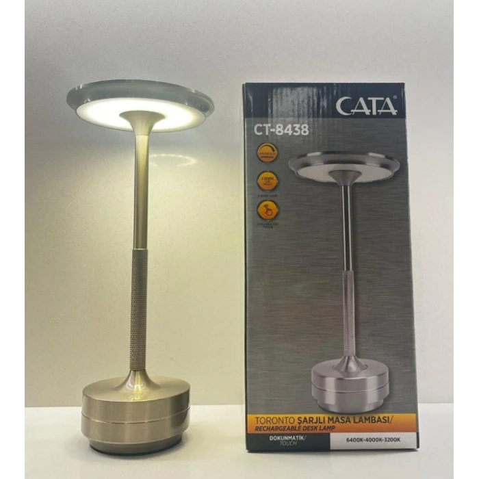 CATA Şarjlı Ledli TORONTO Masa Lambası KROM 3 Renk Işık Abajur