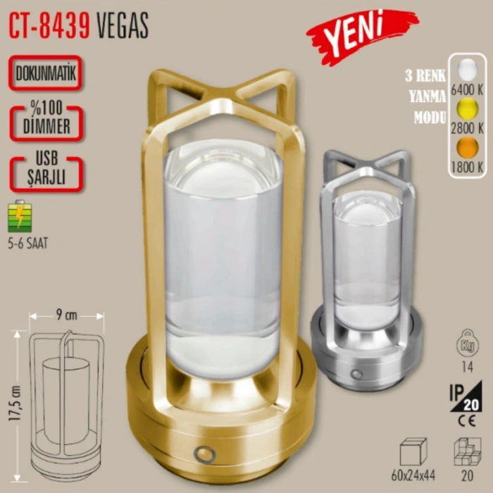 CATA Şarjlı Ledli VEGAS Masa Lambası GOLD 3 Renk Işık Abajur
